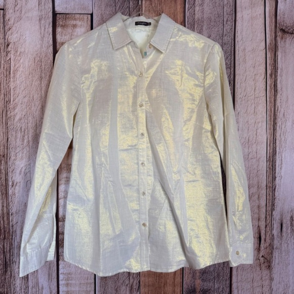 J.McLaughlin Blouse Mya Metallic Button White Gold Dressy Holiday Top‎ XS NWT